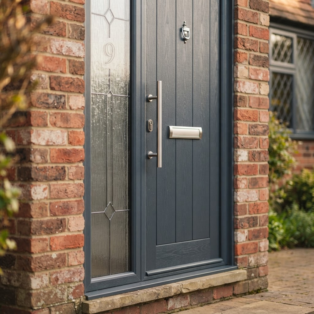 Close-up of a premium composite front door with glazing panel