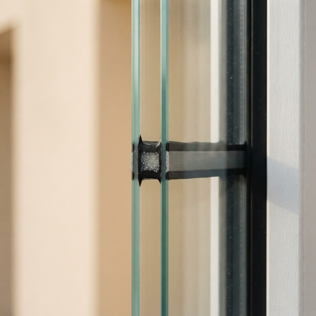 Detail of double glazed window construction showing dual pane glazing unit