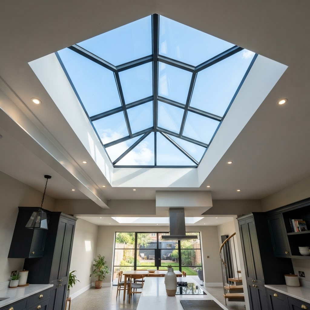 Stunning roof lantern flooding a kitchen extension with natural light