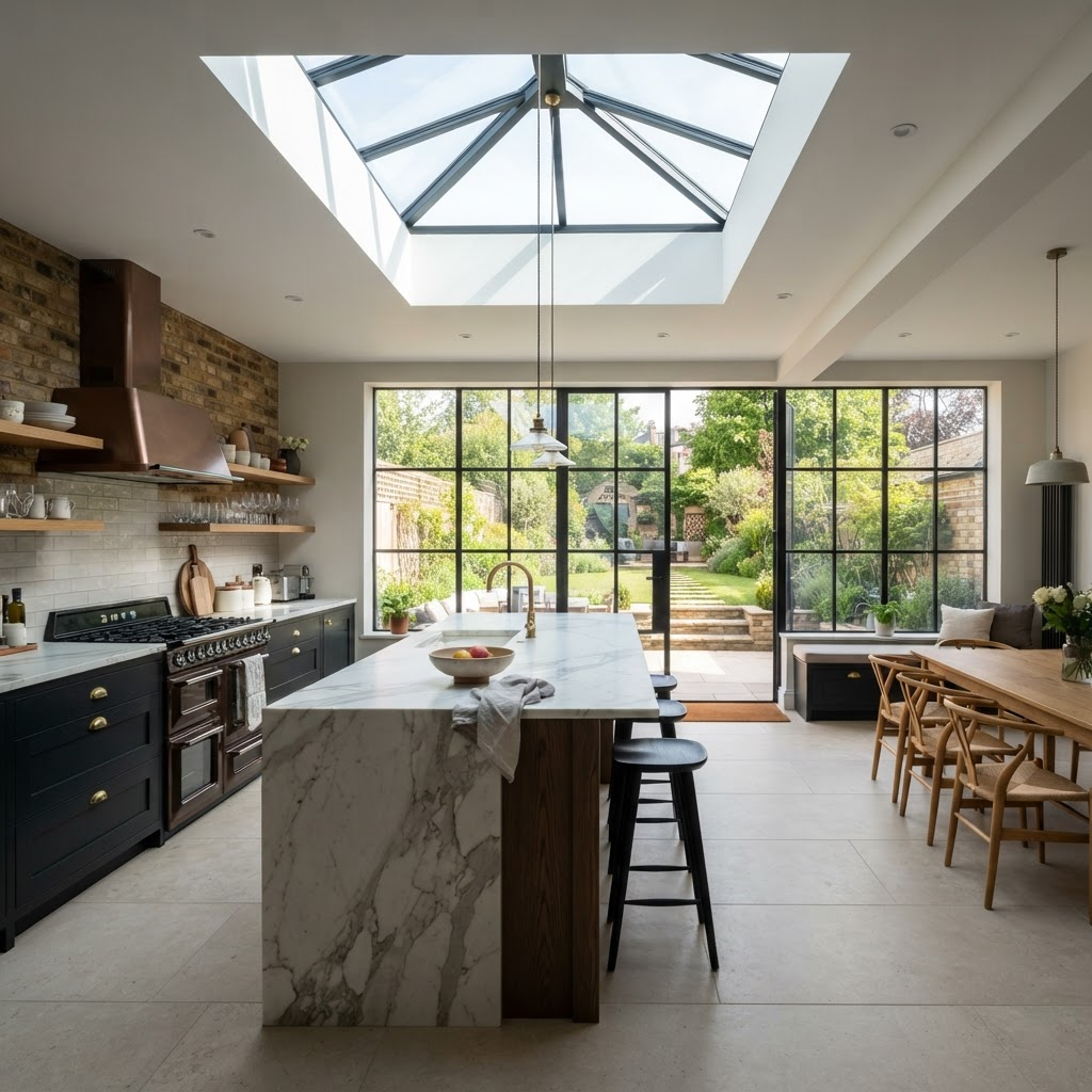 Bright modern kitchen with a large roof lantern bringing dramatic natural light