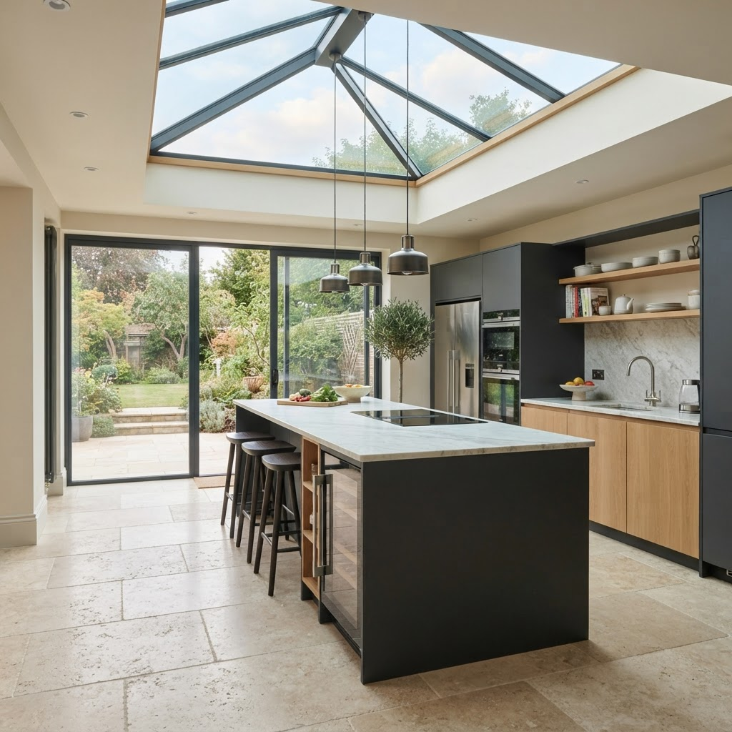Beautiful roof lantern bringing natural light into a contemporary kitchen extension