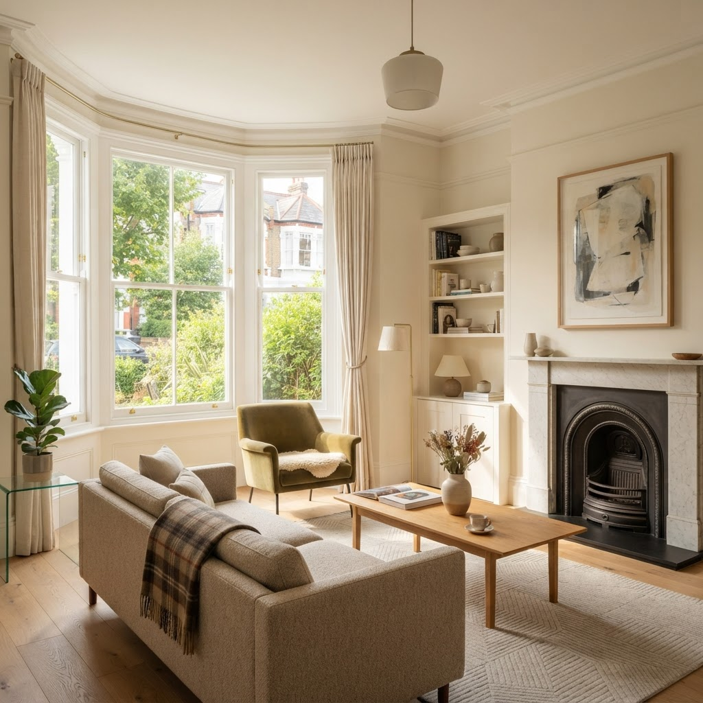 Interior view of bright living room with large double-glazed bay windows